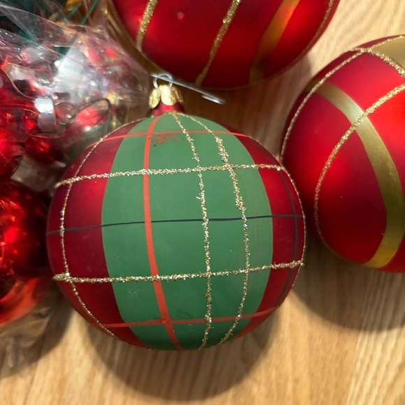 Festive Red and Green Gold Holiday Ball Ornaments Set Bundle Tartan Plaid - Picture 3 of 5